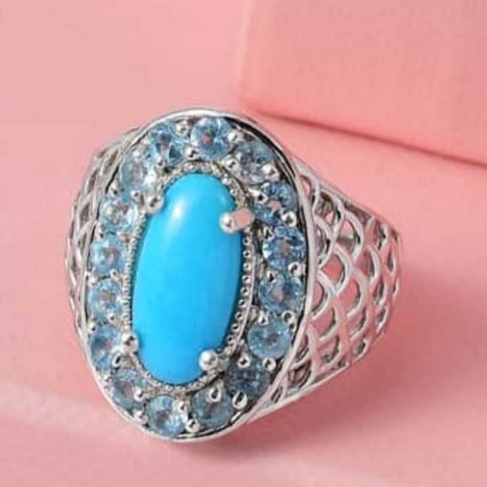 Sleeping Beauty Turquoise & Electric Blue Topaz Ring Platinum over 925 Size 10 - Picture 3 of 11
